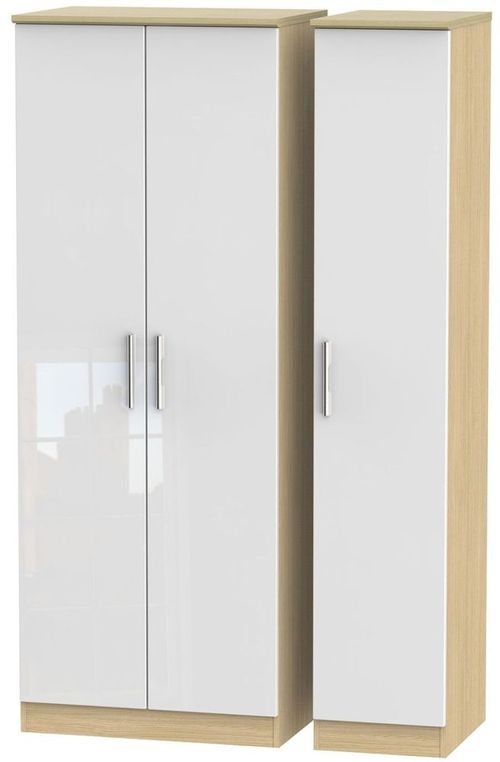Knightsbridge White Gloss and Light Oak 3 Door Tall Triple Wardrobe