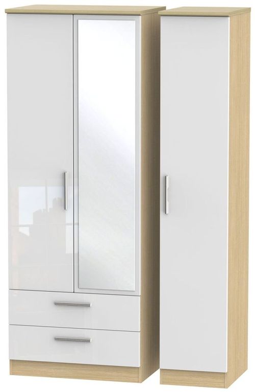 Knightsbridge White Gloss and Light Oak 3 Door Tall Combi Wardrobe - 1 Mirror and LHF 2 Drawers