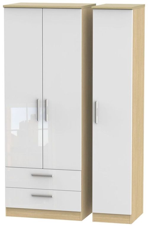 Knightsbridge White Gloss and Light Oak 3 Door Tall Triple Wardrobe - LHF 2 Drawers