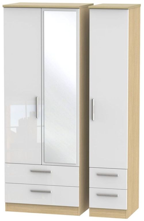 Knightsbridge White Gloss and Light Oak 3 Door Tall Combi Wardrobe - 1 Mirror