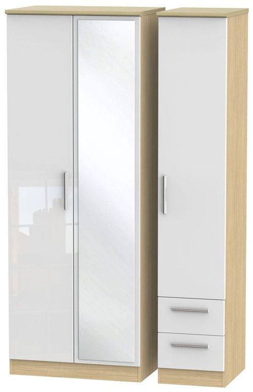 Knightsbridge White Gloss and Light Oak 3 Door Tall Combi Wardrobe - 1 Mirror and RHF 2 Drawers