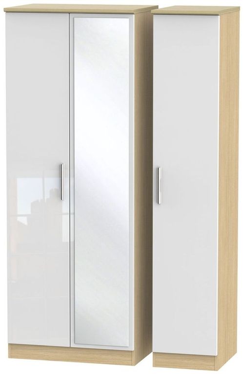 Knightsbridge White Gloss and Light Oak 3 Door Tall Triple Wardrobe - 1 Mirror