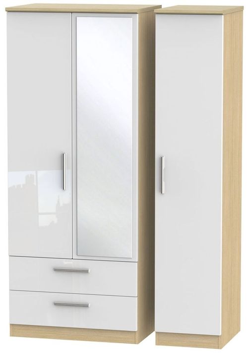 Knightsbridge White Gloss and Light Oak 3 Door Combi Wardrobe - 1 Mirror and LHF 2 Drawers