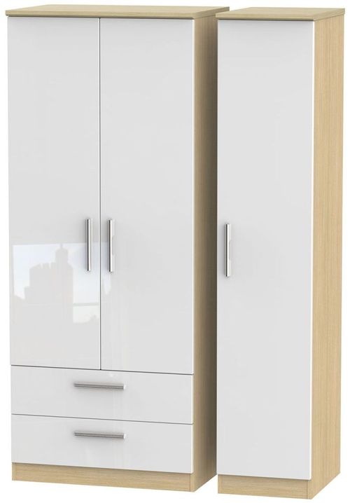 Knightsbridge White Gloss and Light Oak 3 Door Triple Wardrobe - LHF 2 Drawers