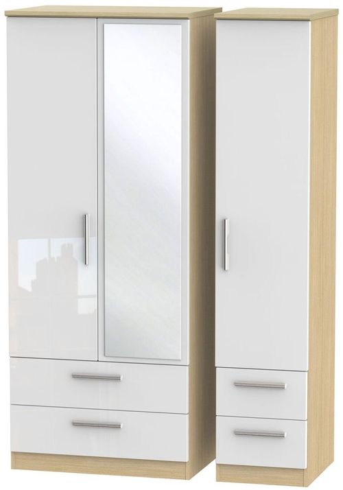 Knightsbridge White Gloss and Light Oak 3 Door Combi Wardrobe - 1 Mirror