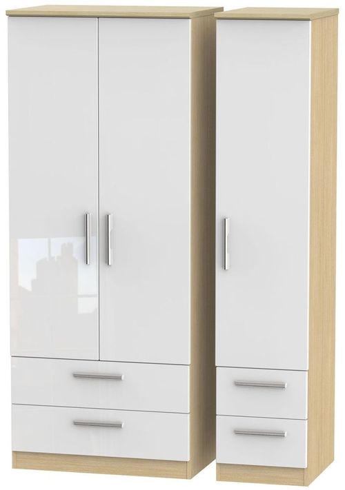 Knightsbridge White Gloss and Light Oak 3 Door Triple Wardrobe - 4 Drawers