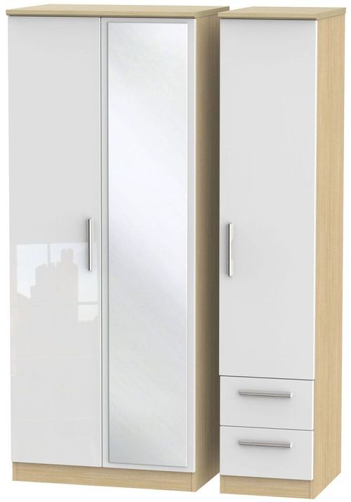 Knightsbridge White Gloss and Light Oak 3 Door Combi Wardrobe - 1 Mirror and RHF 2 Drawers