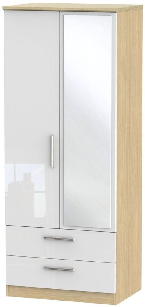 Knightsbridge White Gloss and Light Oak 2 Door Combi Wardrobe - 1 Mirror