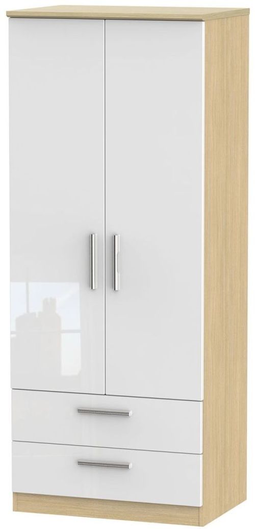Knightsbridge White Gloss and Light Oak 2 Door 2 Drawer Double Wardrobe