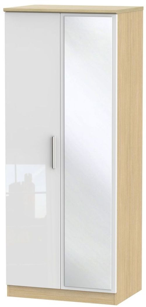 Knightsbridge White Gloss and Light Oak 2 Door Wardrobe - 1 Mirror