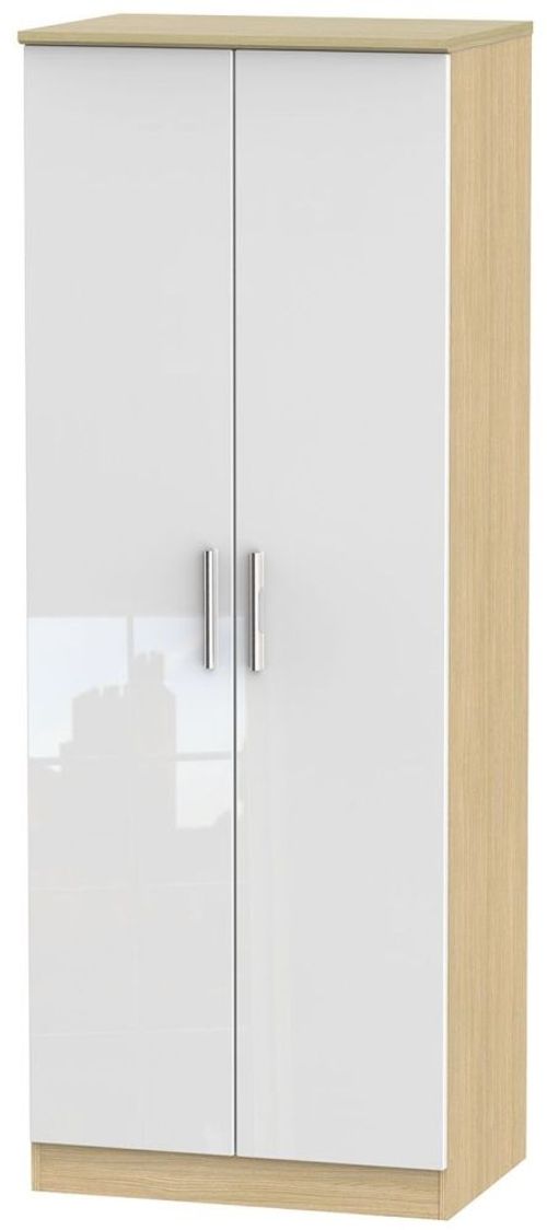 Knightsbridge White Gloss and Light Oak 2 Door Plain Tall Wardrobe