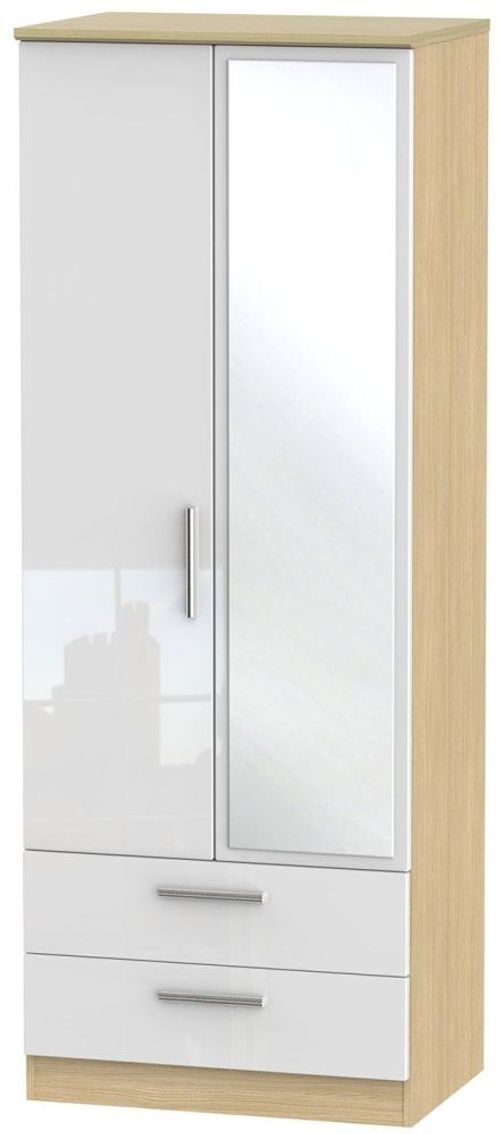 Knightsbridge White Gloss and Light Oak 2 Door Tall Combi Wardrobe - 1 Mirror