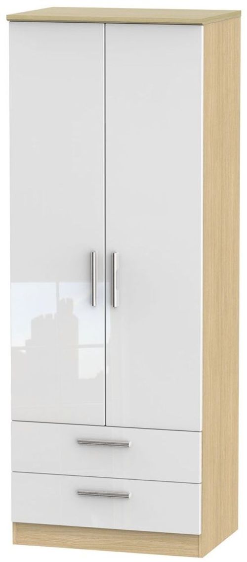 Knightsbridge White Gloss and Light Oak 2 Door 2 Drawer Tall Wardrobe