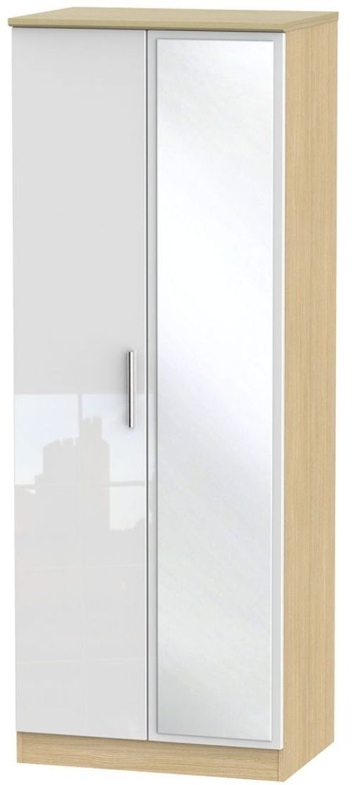 Knightsbridge White Gloss and Light Oak 2 Door Tall Wardrobe - 1 Mirror