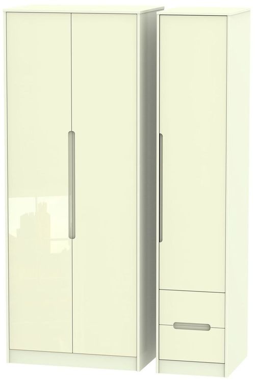 Monaco Cream Gloss 3 Door Tall Triple Wardrobe - RHF 2 Drawers