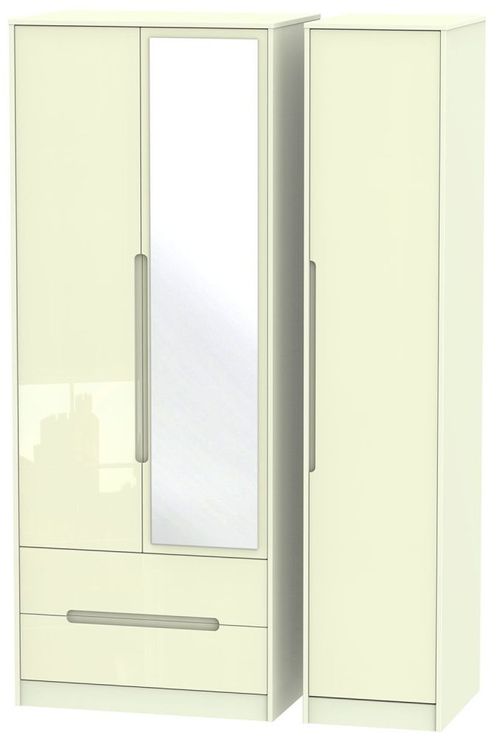 Monaco Cream Gloss 3 Door Tall Combi Wardrobe - 1 Mirror and LHF 2 Drawers