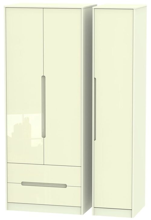 Monaco Cream Gloss 3 Door Tall Triple Wardrobe - LHF 2 Drawers