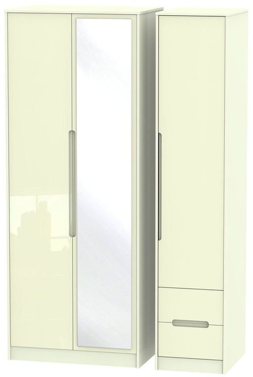 Monaco Cream Gloss 3 Door Tall Combi Wardrobe - 1 Mirror and RHF 2 Drawers