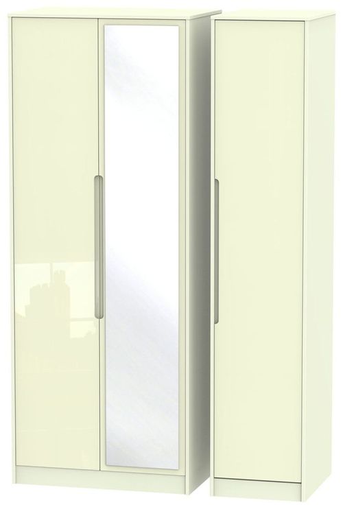 Monaco Cream Gloss 3 Door Tall Triple Wardrobe - 1 Mirror