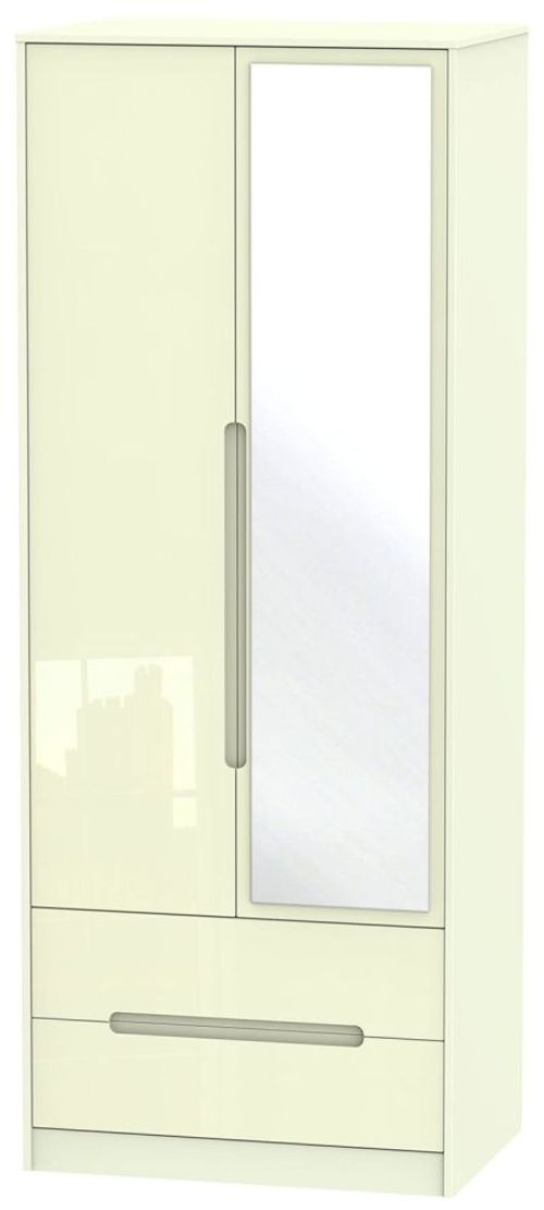 Monaco Cream Gloss 2 Door Tall Combi Wardrobe - 1 Mirror