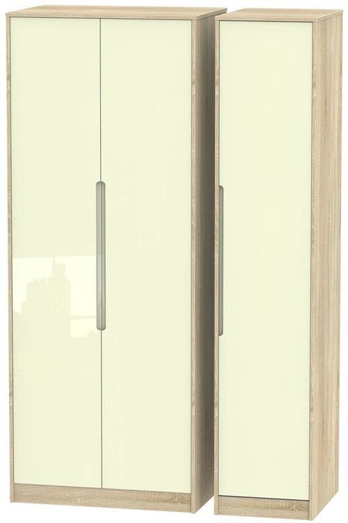 Monaco Cream Gloss and Oak Effect 3 Door Tall Triple Wardrobe