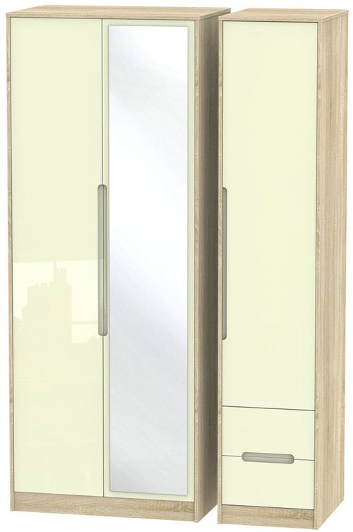 Monaco Cream Gloss and Oak Effect 3 Door Tall Combi Wardrobe - 1 Mirror and RHF 2 Drawers