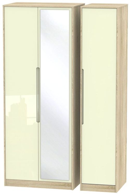 Monaco Cream Gloss and Oak Effect 3 Door Tall Triple Wardrobe - 1 Mirror