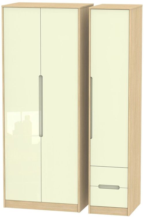 Monaco Cream Gloss and Light Oak 3 Door Tall Triple Wardrobe - RHF 2 Drawers