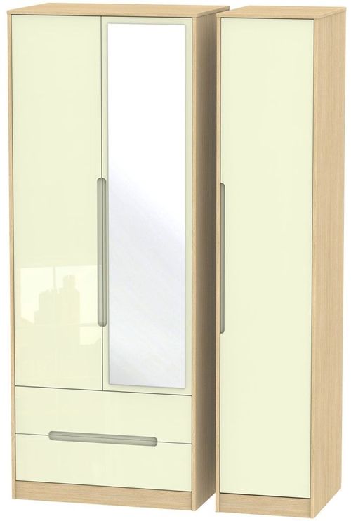 Monaco Cream Gloss and Light Oak 3 Door Tall Combi Wardrobe - 1 Mirror and LHF 2 Drawers