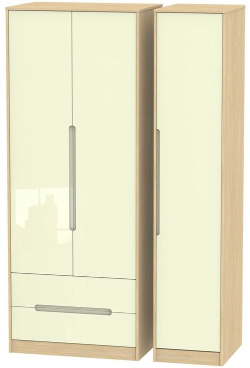 Monaco Cream Gloss and Light Oak 3 Door Tall Triple Wardrobe - LHF 2 Drawers