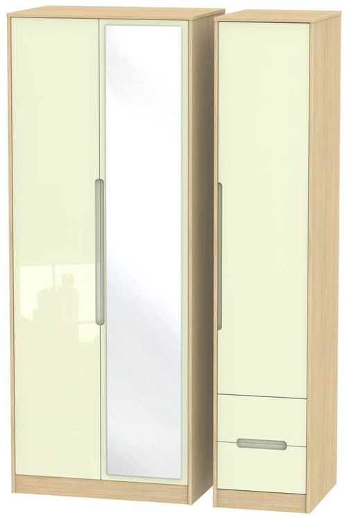 Monaco Cream Gloss and Light Oak 3 Door Tall Combi Wardrobe - 1 Mirror and RHF 2 Drawers