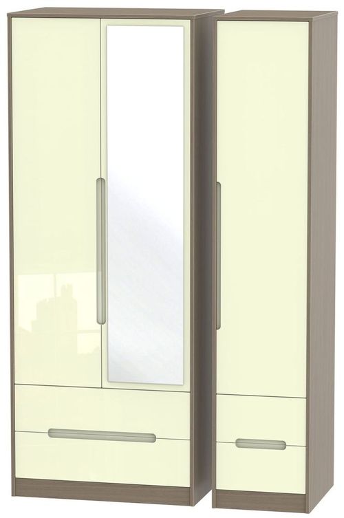 Monaco Cream Gloss and Toronto Walnut 3 Door Tall Combi Wardrobe - 1 Mirror