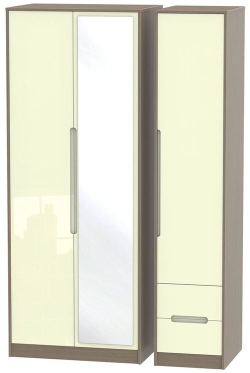 Monaco Cream Gloss and Toronto Walnut 3 Door Tall Combi Wardrobe - 1 Mirror and RHF 2 Drawers