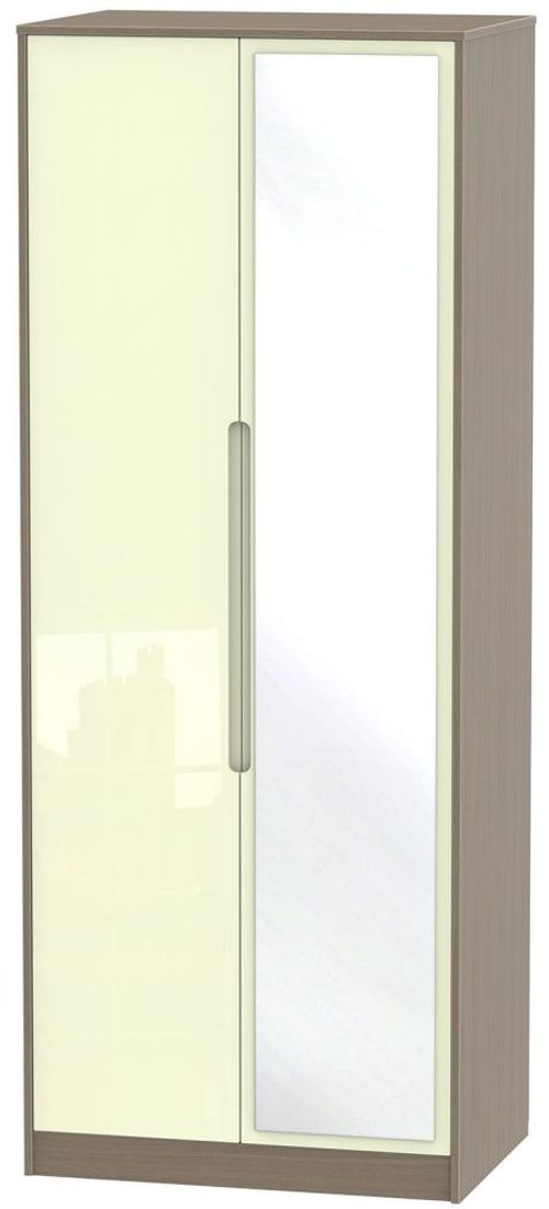 Monaco Cream Gloss and Toronto Walnut 2 Door Tall Wardrobe - 1 Mirror