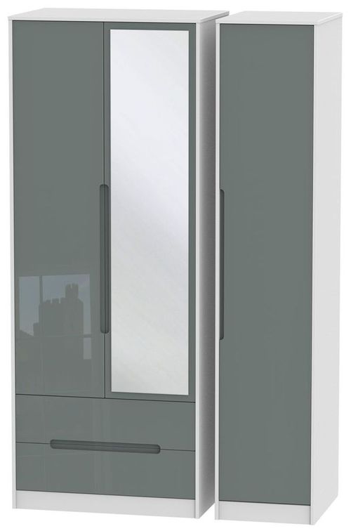 Monaco Grey Gloss and White 3 Door Tall Combi Wardrobe - 1 Mirror and LHF 2 Drawers