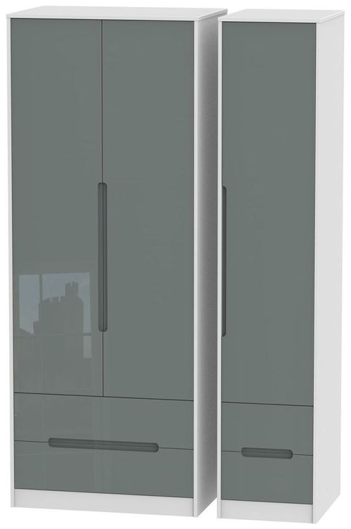 Monaco Grey Gloss and White 3 Door Tall Triple Wardrobe - 4 Drawers