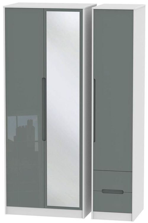 Monaco Grey Gloss and White 3 Door Tall Combi Wardrobe - 1 Mirror and RHF 2 Drawers