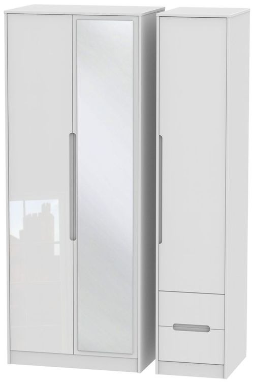 Monaco White Gloss 3 Door Tall Combi Wardrobe - 1 Mirror and RHF 2 Drawers