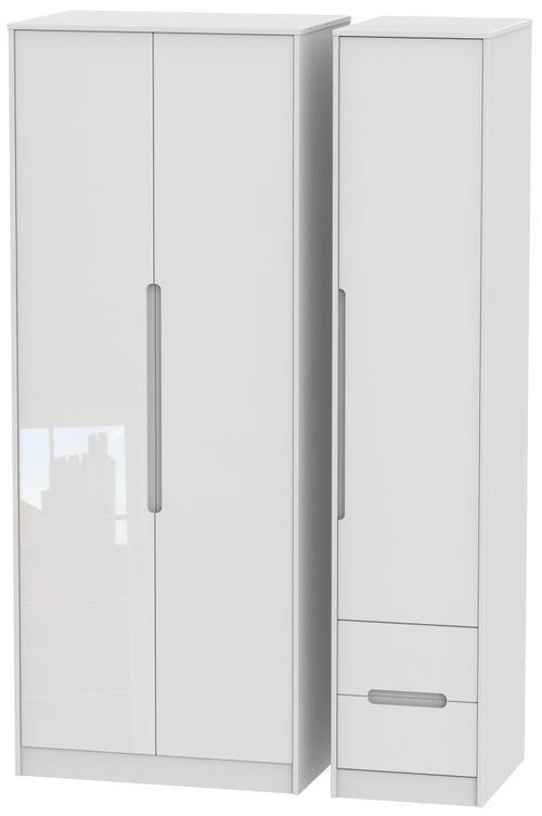Monaco White Gloss 3 Door Tall Triple Wardrobe - RHF 2 Drawers