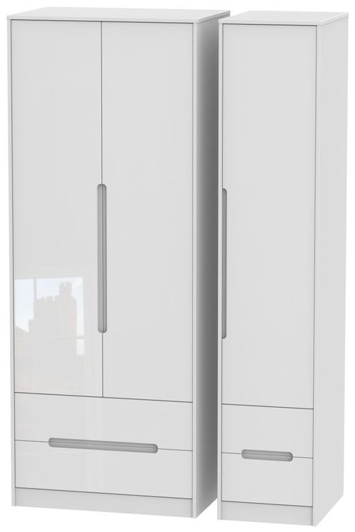 Monaco White Gloss 3 Door Tall Triple Wardrobe - 4 Drawers