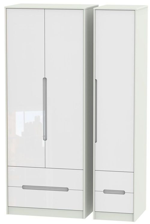 Monaco White Gloss and Cashmere 3 Door Tall Triple Wardrobe - 4 Drawers