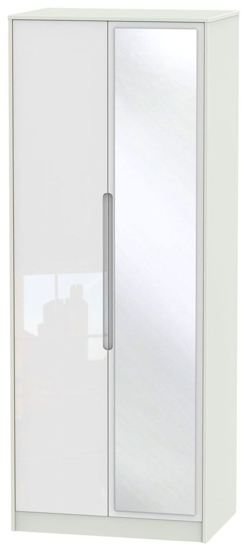 Monaco White Gloss and Cashmere 2 Door Tall Wardrobe - 1 Mirror