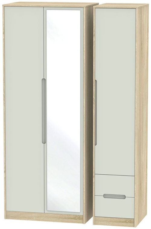 Monaco Cashmere and Oak Effect 3 Door Tall Combi Wardrobe - 1 Mirror and RHF 2 Drawers
