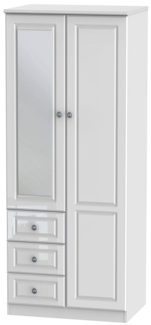 Pembroke White Gloss 2 Door Combi Wardrobe - 1 Mirror RHF 3 Drawers