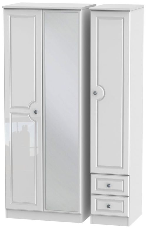 Pembroke White Gloss 3 Door Tall Combi Wardrobe - 1 Mirror and RHF 2 Drawers