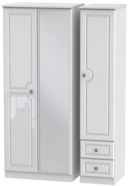 Pembroke White Gloss 3 Door Combi Wardrobe - 1 Mirror and RHF 2 Drawers