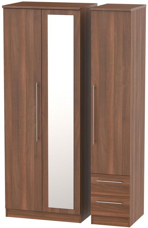 Sherwood Walnut Effect 3 Door Tall Combi Wardrobe - 1 Mirror and RHF 2 Drawers
