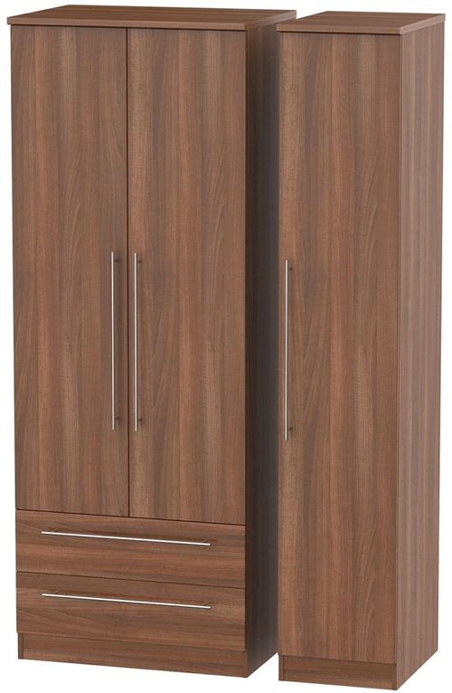 Sherwood Walnut Effect 3 Door Tall Triple Wardrobe - LHF 2 Drawers