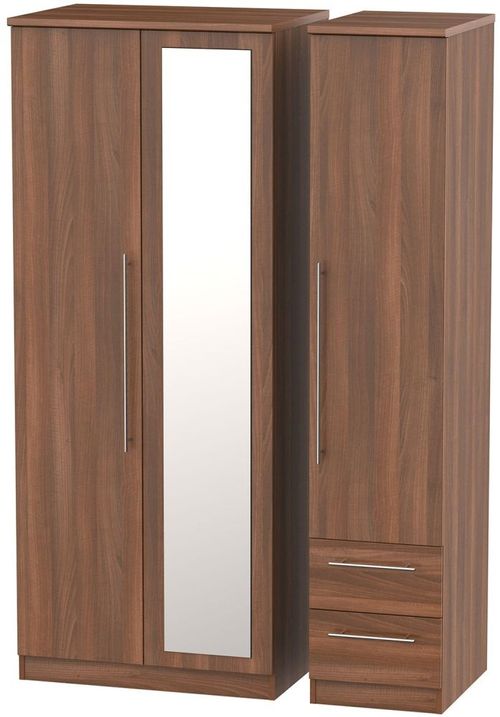 Sherwood Walnut Effect 3 Door Combi Wardrobe - 1 Mirror and RHF 2 Drawers
