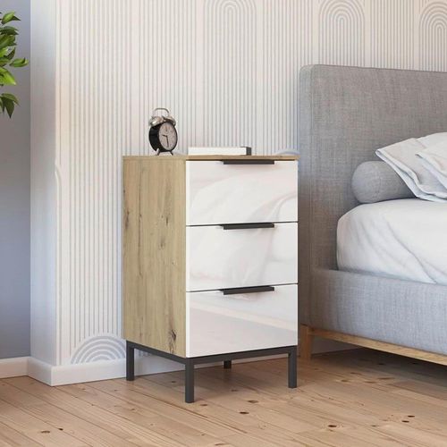 Rauch Flipp 3 Drawer Bedside Cabinet with Metal Base - Artisan Oak and White Glass